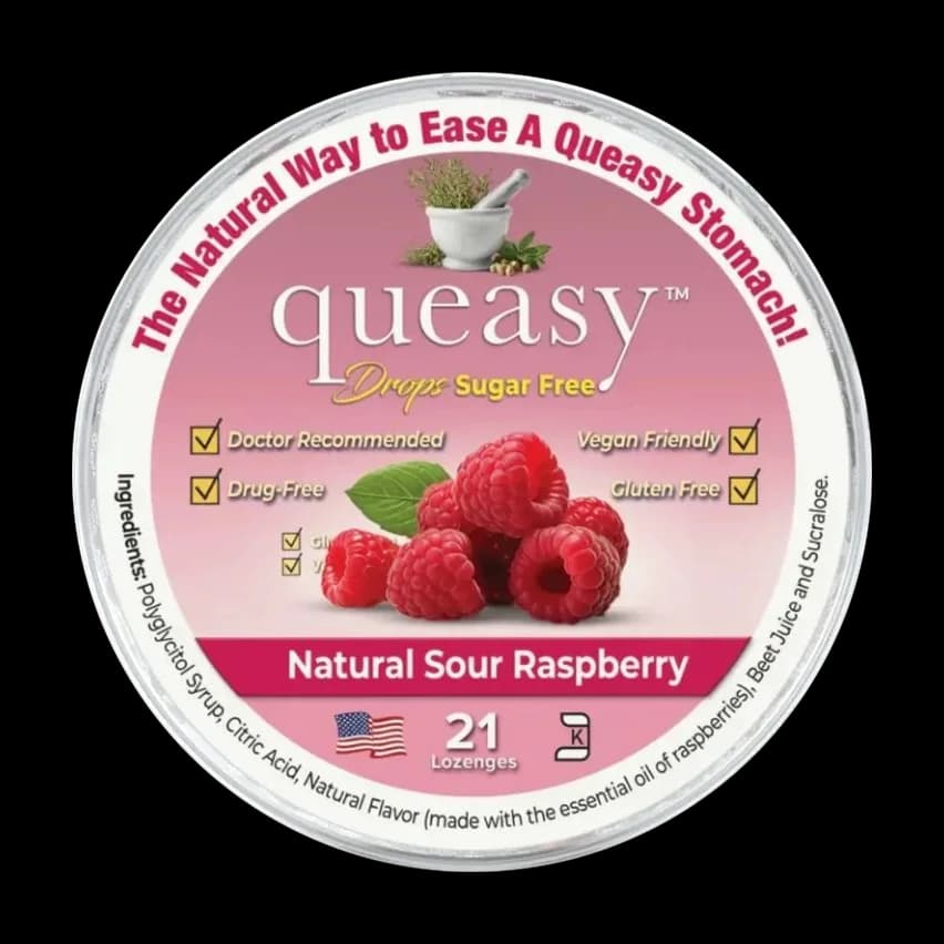 Envase de Queasy Drops sin azúcar, sabor frambuesa ácida, con 21 drops